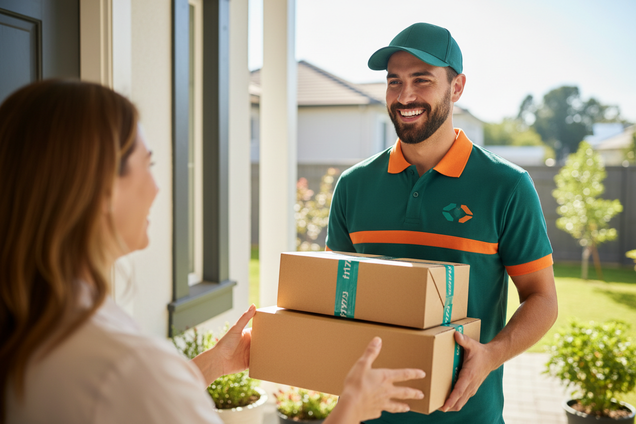 repartidor de paquetes con gorra y camibuso, sonriente con gorra camiseta de colores: #186f74 (verde) y #f17b09 (naranja), con 1 o 2 paquetes para entregar a clienta